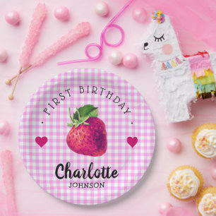 Assiettes En Carton Coeurs fraises Anniversaire fille rose À damiers