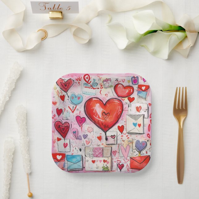 Assiettes En Carton Coeurs lunaires et lettres d'amour Motif (Mariage)