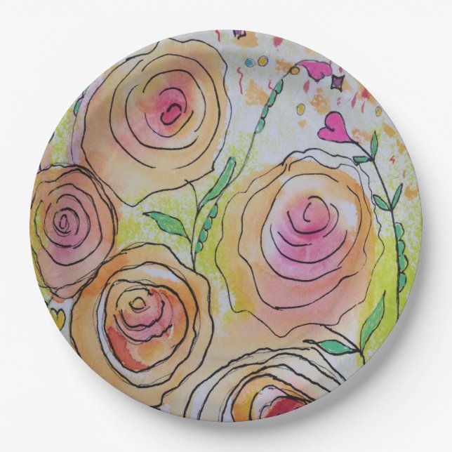 Assiettes En Carton Coeurs minuscules Gros Fleurs (Devant)