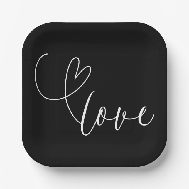 Assiettes En Carton Coeurs modernes Amour noir et blanc Mariage minima (Recto)