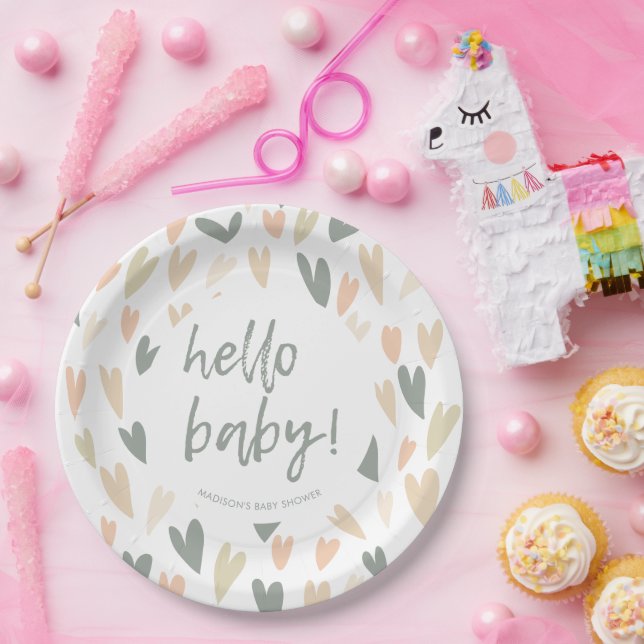 Assiettes En Carton Coeurs modernes Baby shower neutre pour les femmes (Fête)