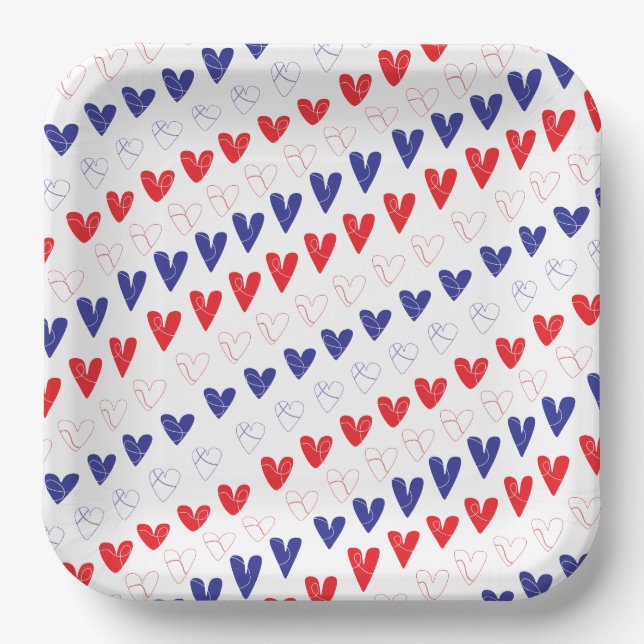 Assiettes En Carton Coeurs patriotiques rouge, blanc et bleu (Recto)