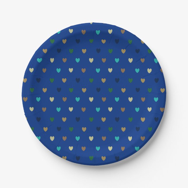 Assiettes En Carton Coeurs Polka dans les tons bleu paon (Devant)
