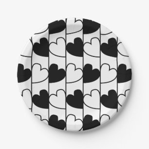 Assiettes En Carton Cœurs rayés noir et blanc