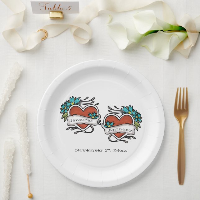 Assiettes En Carton Coeurs tatoués, Mariage graphique de tatouage (Mariage)