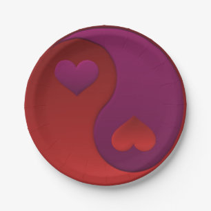 Assiettes En Carton Coeurs Yin Yang violet et rouge