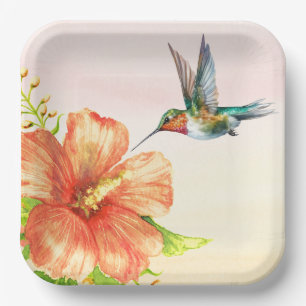 Assiettes En Carton Colibri et fleur d'Hibiscus