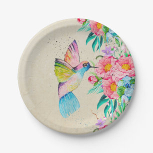 Assiettes En Carton Colibri et fleurs d'aquarelle