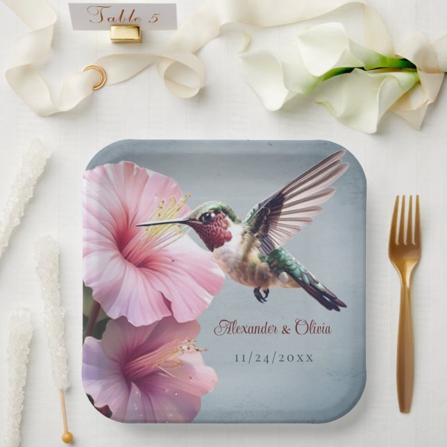 Assiettes En Carton Colibri et Mariage d'Hibiscus | Bleu (Mariage)