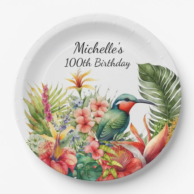 Assiettes En Carton Colibri floral tropical 100e anniversaire (Devant)