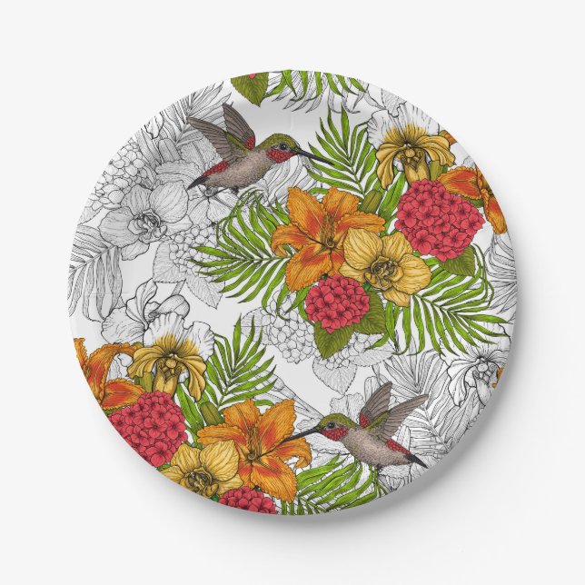 Assiettes En Carton Colibris et bouquet tropical (Devant)