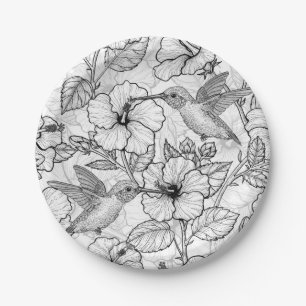 Assiettes En Carton Colibris et fleurs d'hibiscus b&w