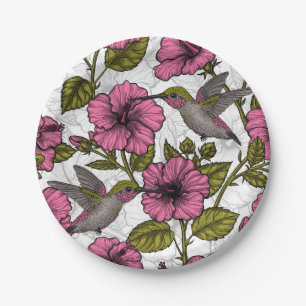 Assiettes En Carton Colibris et fleurs d'hibiscus roses