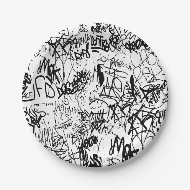 Assiettes En Carton Collage Abstrait de graffiti noir et blanc (Devant)