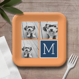 Assiettes En Carton Collage de photos Instagram Orange et Marine Monog