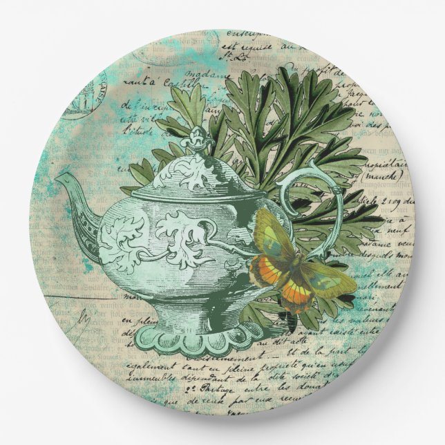 Assiettes En Carton Collage de théière et d'éphémère vintage (Devant)