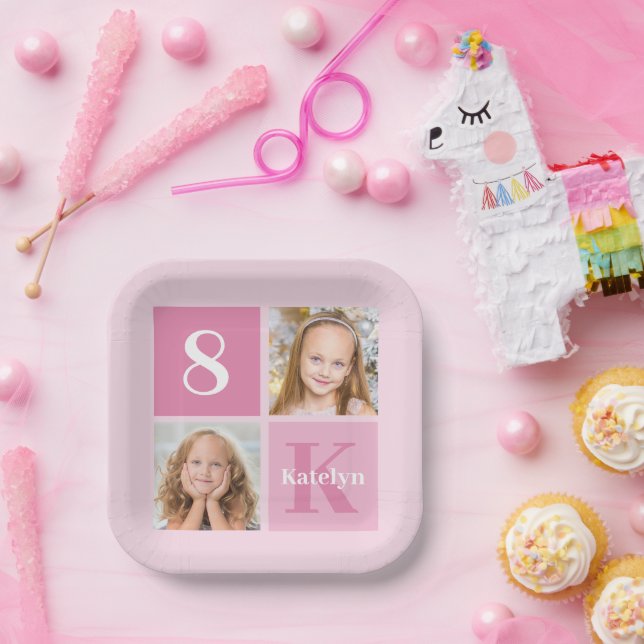 Assiettes En Carton Collage photo fille rose mignonne fête d'anniversa (Fête)