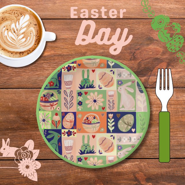 Assiettes En Carton Coloré Joyeux Lapin Vert Rose (Colorful Cheerful Pink Green Bunny Paper Plates)