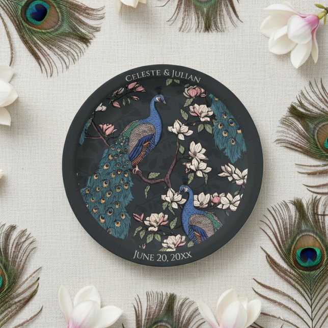 Assiettes En Carton Coloré Peacock Noir (Elegant Black Floral Peacock Wedding Plates. Colorful Blue Teal Peacock & Magnolia Flower Pattern)