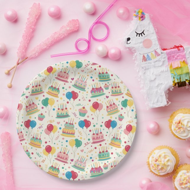 Assiettes En Carton Colorful Birthday Cakes and Balloons Paper Plates (Fête)