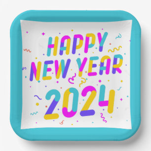 Assiettes En Carton Colorful Happy New Year 2024 Plaque papier
