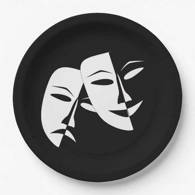 Assiettes En Carton Comédie Tragédie Masque de théâtre noir et blanc (Devant)