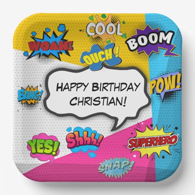 Assiettes En Carton Comic Book Pop Art Custom Anniversaire (Recto)