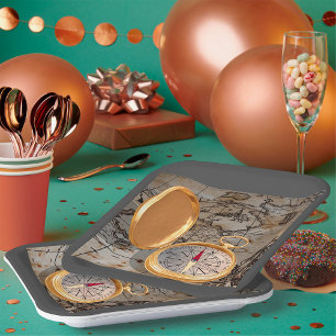 Assiettes En Carton Compass vintage en or sur la carte des pirates ant