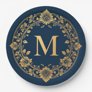 Assiettes En Carton Conception de monogramme floral or élégant