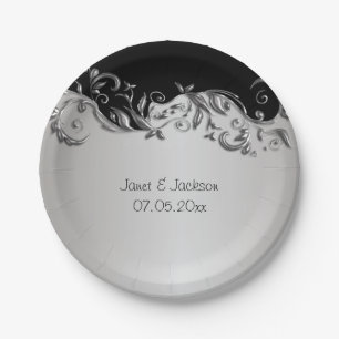 Assiettes En Carton Conception florale noire et argentée élégante de
