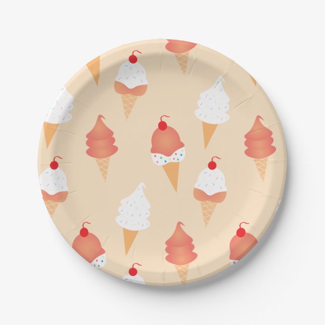 Assiettes En Carton Cône De Crème De Glace Avec Saupoudrer Cerise Sur  (Devant)