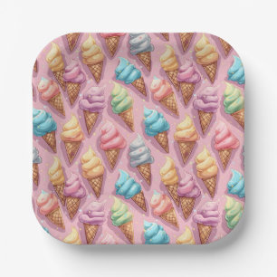 Assiettes En Carton Cônes Colorés De Crème De Glace Sur Rose