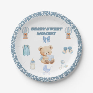 ASSIETTES EN CARTON CONFETTI BLEU POUDRÉ OURSON GARÇON BABY SHOWER 7" 