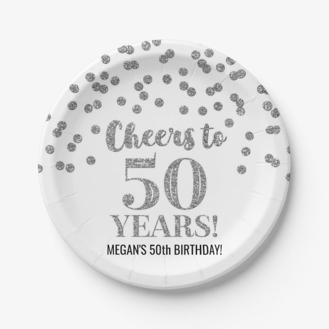 Assiettes En Carton Confetti d'argent brille jusqu'à 50 ans d'annivers (Devant)