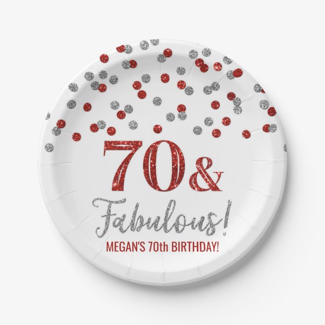 Assiettes En Carton Confetti d'argent rouge 70 et Fabuleux anniversair (Devant)