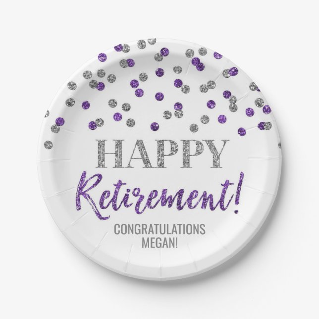 Assiettes En Carton Confetti d'argent violet joyeuse retraite (Devant)