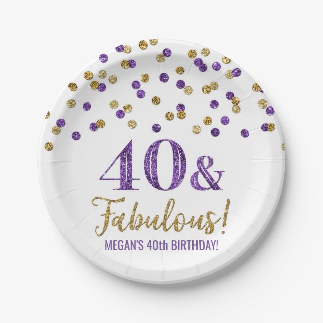 Assiettes En Carton Confetti d'or mauve 40 et fabuleux anniversaire (Devant)