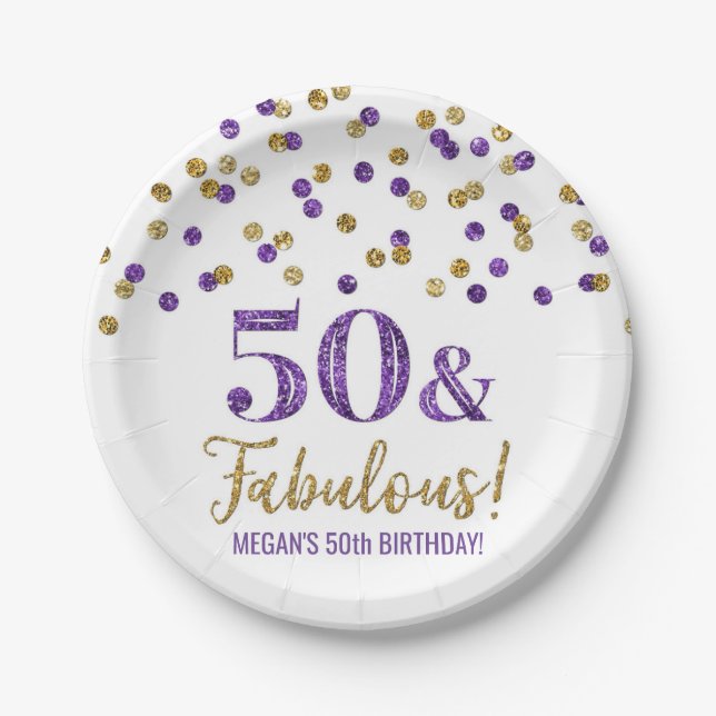 Assiettes En Carton Confetti d'or mauve 50 et fabuleux anniversaire (Devant)