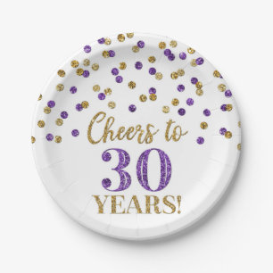 Assiettes En Carton Confetti d'or mauve à 30 ans d'anniversaire