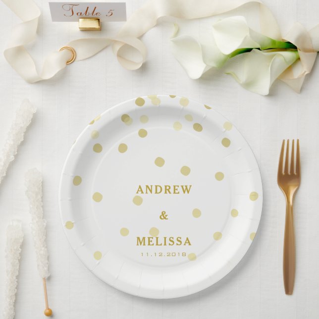 Assiettes En Carton Confetti d'or | Plaque papier Mariage personnalisé (Mariage)