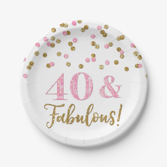 Assiettes En Carton Confetti d'or rose 40 et fabuleux anniversaire (Devant)