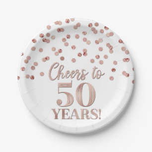 Assiettes En Carton Confetti d'or Rose, 50 ans d'anniversaire