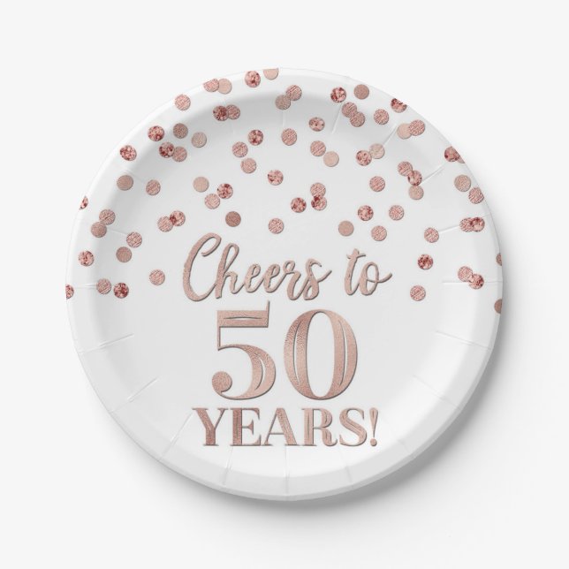 Assiettes En Carton Confetti d'or Rose, 50 ans d'anniversaire (Devant)