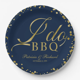 Assiettes En Carton Confetti en or bleu marine I Do BBQ Engagement Par