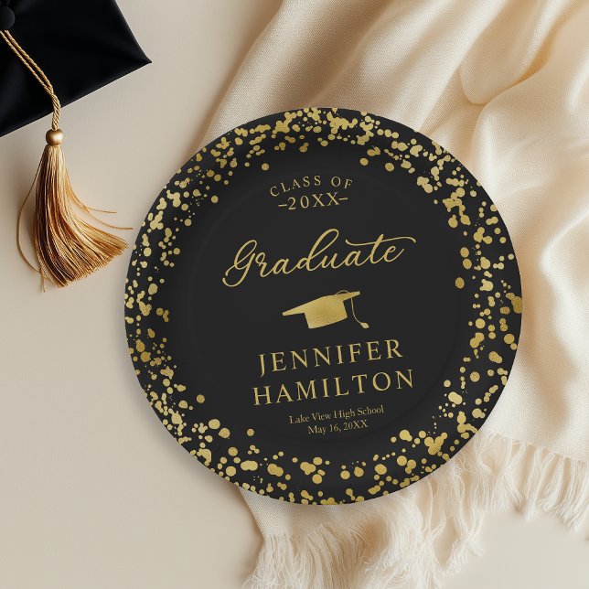 Assiettes En Carton Confetti Or Élégant De Diplômé Sur Graduation Noir (Créateur téléchargé)