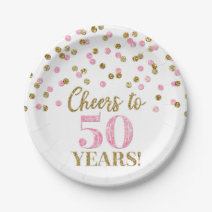 Assiettes En Carton Confetti rose or, 50 ans d'anniversaire