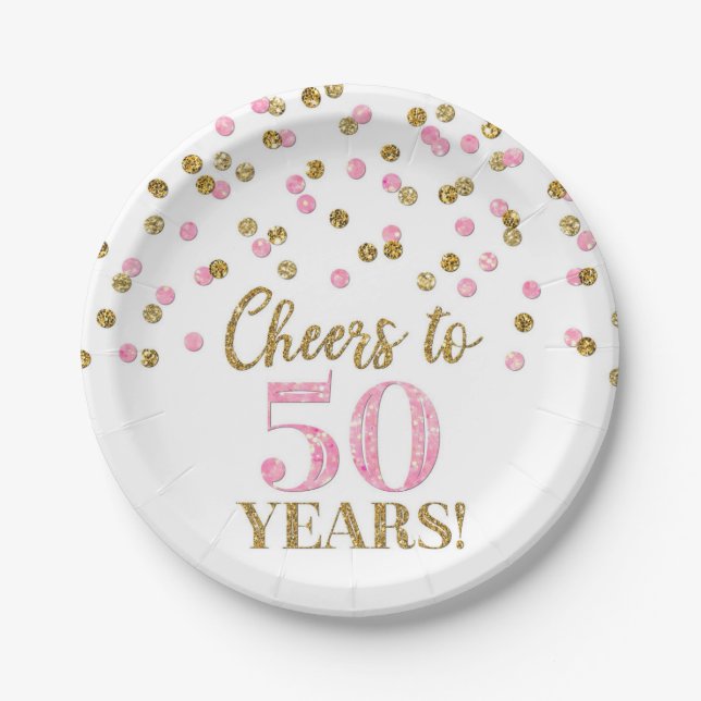 Assiettes En Carton Confetti rose or, 50 ans d'anniversaire (Devant)