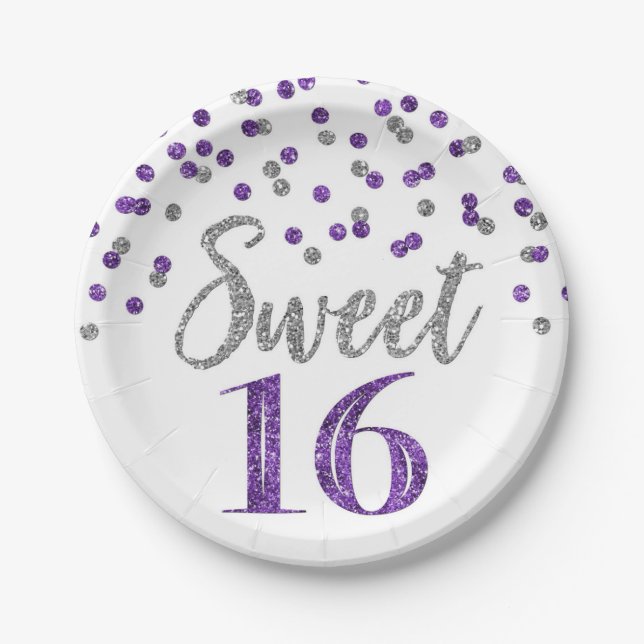 Assiettes En Carton Confetti sucré d'argent mauve 16 Anniversaire (Devant)