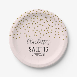 Assiettes En Carton Confetti Sweet 16 Anniversaire de Blush Pink Gold