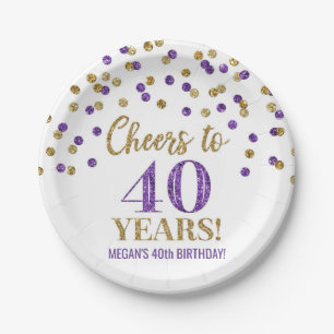 Assiettes En Carton Confetti violet doré, 40 ans d'anniversaire